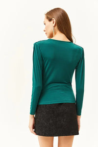 Padded-Pleated V-Neck Blouse