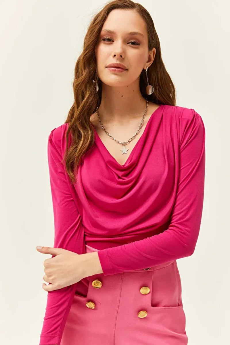 Padded-Pleated V-Neck Blouse