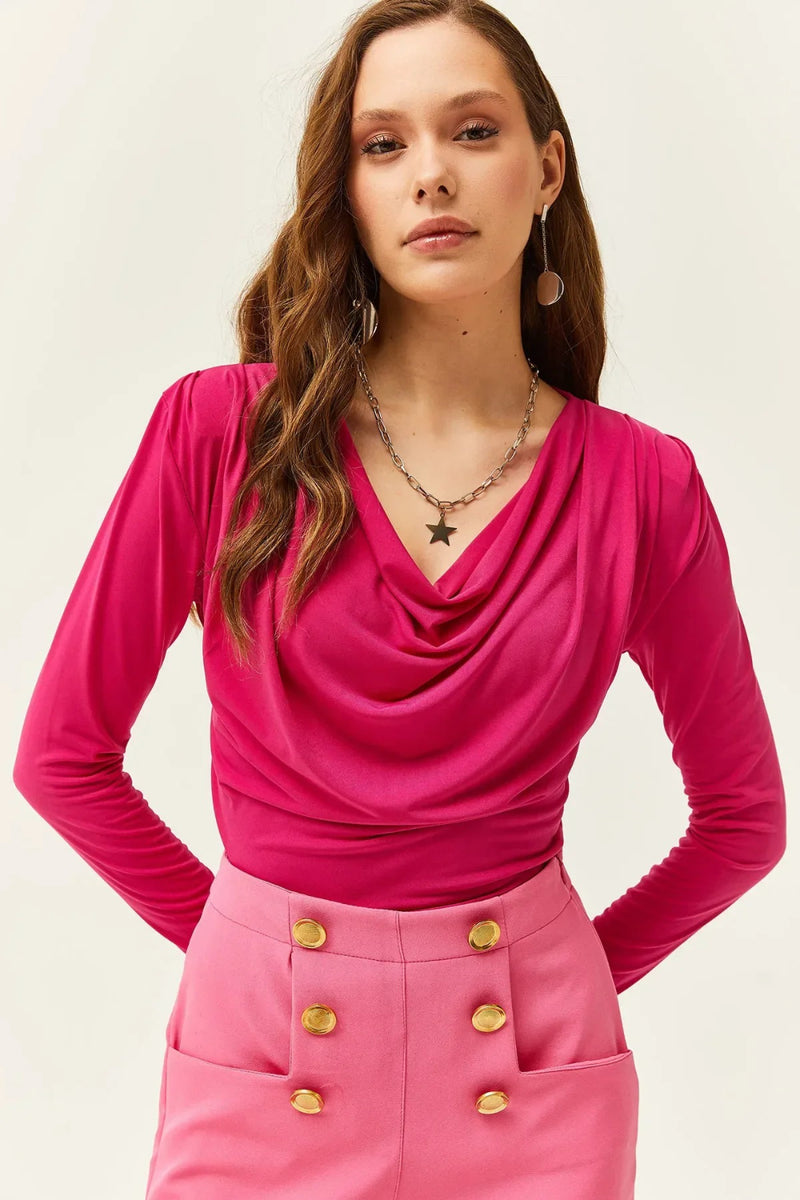 Padded-Pleated V-Neck Blouse