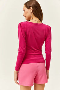 Padded-Pleated V-Neck Blouse