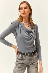 Padded-Pleated V-Neck Blouse