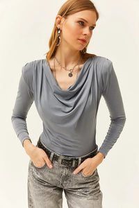 Padded-Pleated V-Neck Blouse