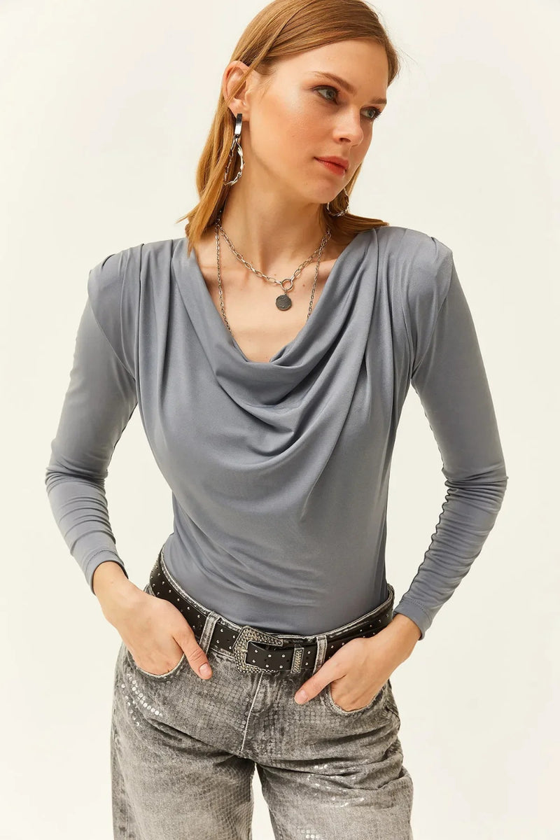 Padded-Pleated V-Neck Blouse