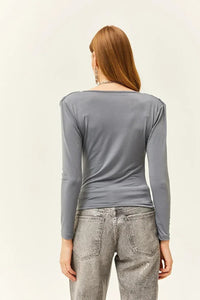 Padded-Pleated V-Neck Blouse