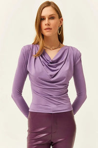 Padded-Pleated V-Neck Blouse