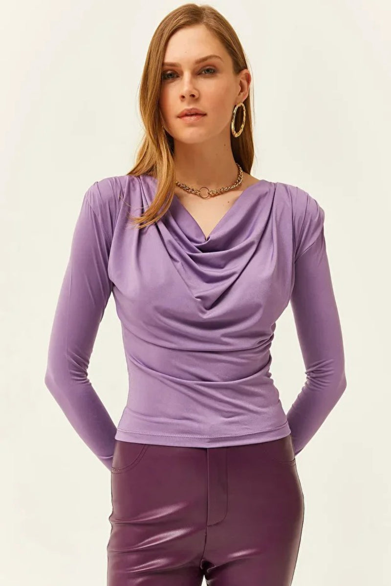 Padded-Pleated V-Neck Blouse