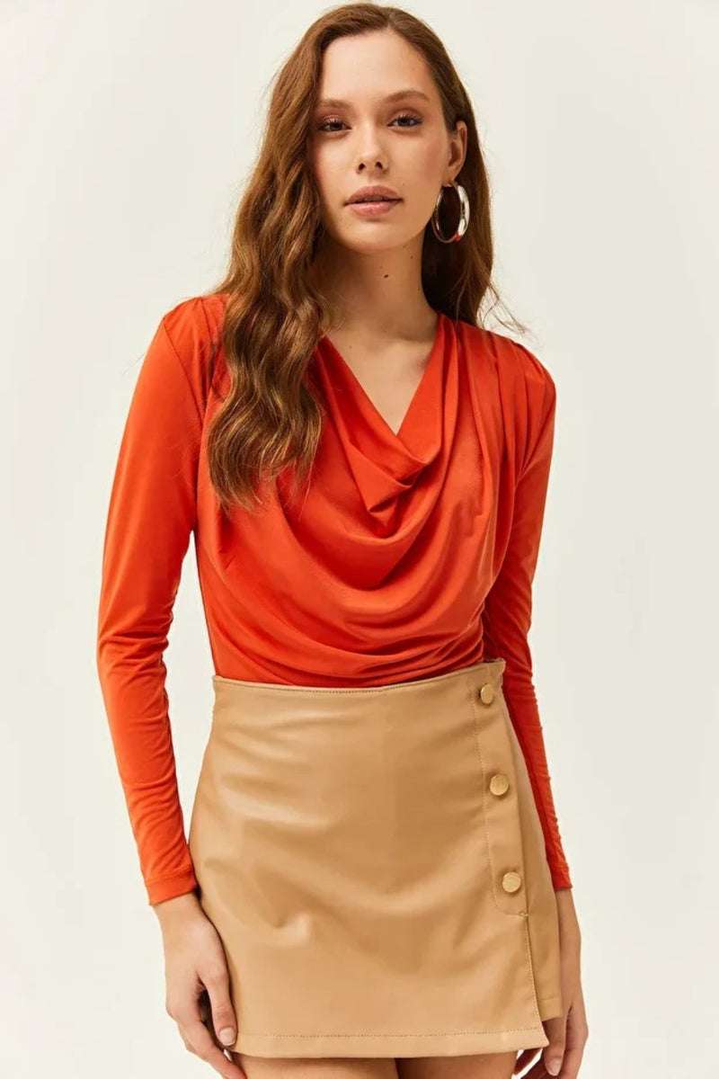 Padded-Pleated V-Neck Blouse
