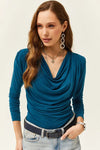 Padded-Pleated V-Neck Blouse