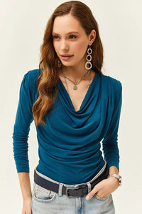 Padded-Pleated V-Neck Blouse