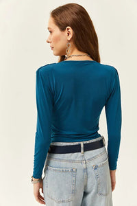 Padded-Pleated V-Neck Blouse