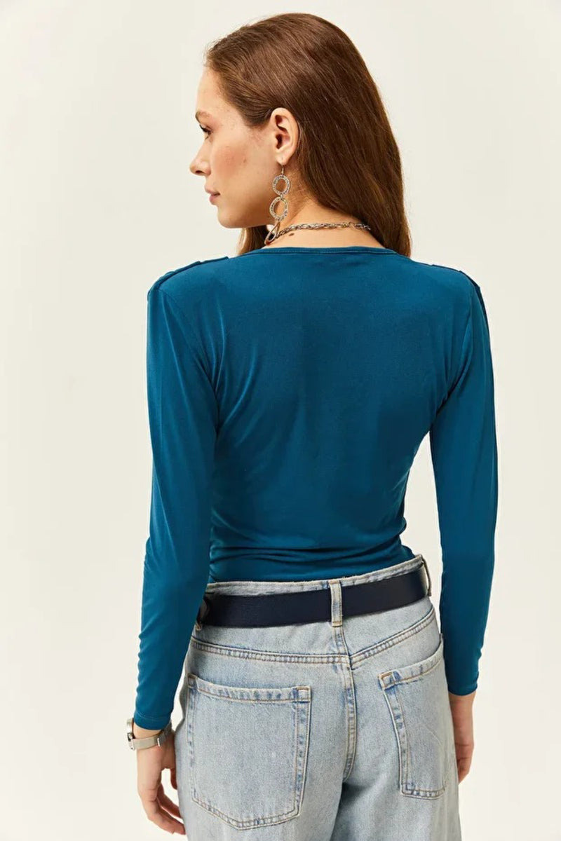 Padded-Pleated V-Neck Blouse