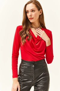 Padded-Pleated V-Neck Blouse