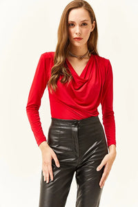 Padded-Pleated V-Neck Blouse