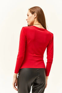 Padded-Pleated V-Neck Blouse
