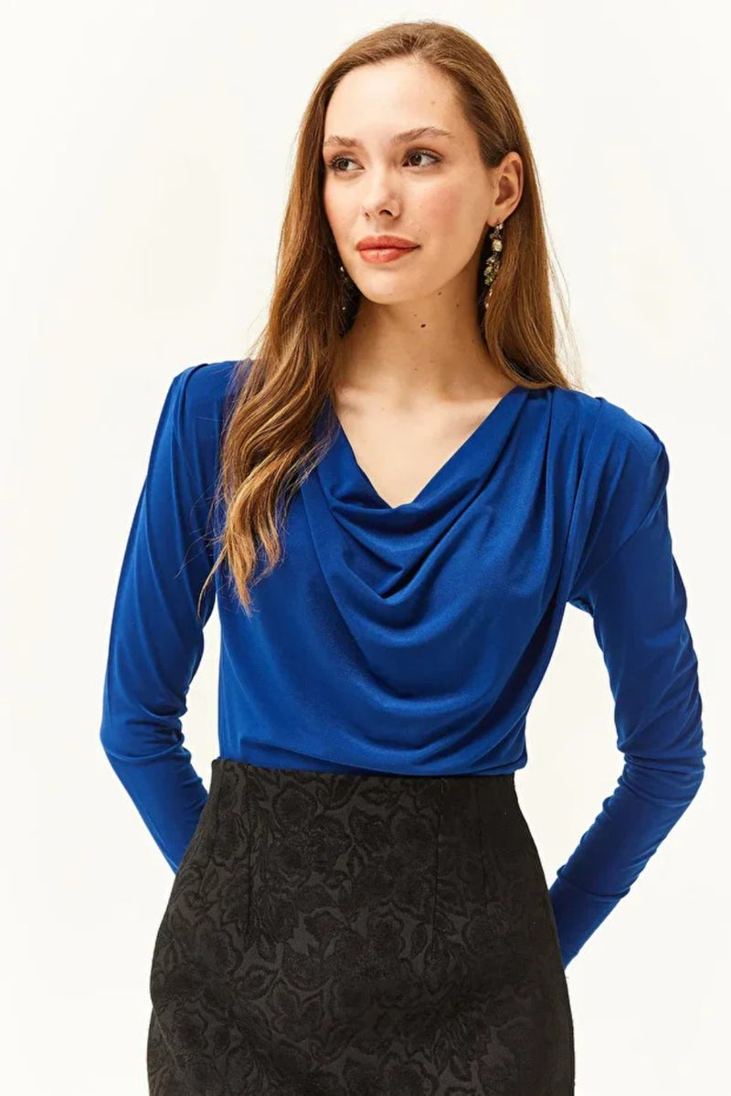 Padded-Pleated V-Neck Blouse