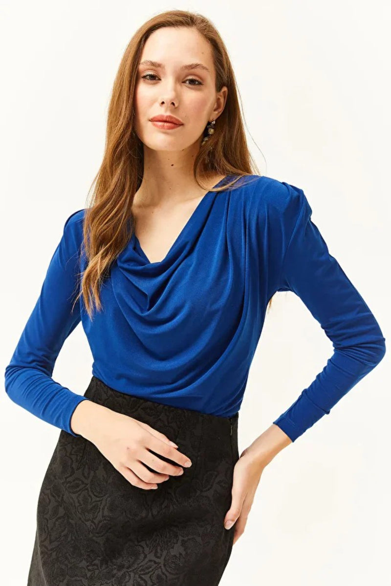 Padded-Pleated V-Neck Blouse