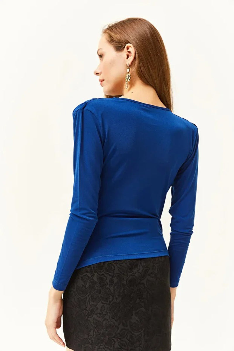 Padded-Pleated V-Neck Blouse