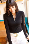 Zippered Turtleneck Stretch Blouse