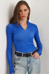 Zippered Turtleneck Stretch Blouse