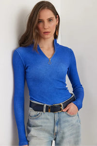 Zippered Turtleneck Stretch Blouse