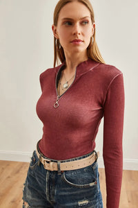 Zippered Turtleneck Stretch Blouse