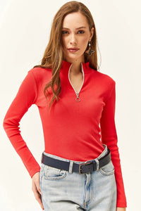 Zippered Turtleneck Stretch Blouse