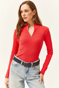 Zippered Turtleneck Stretch Blouse