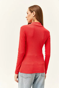 Zippered Turtleneck Stretch Blouse