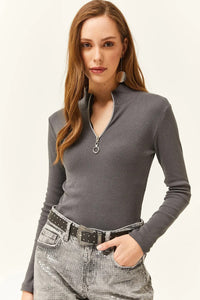 Zippered Turtleneck Stretch Blouse