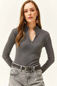 Zippered Turtleneck Stretch Blouse