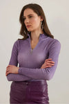 Zippered Turtleneck Stretch Blouse