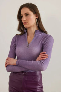 Zippered Turtleneck Stretch Blouse