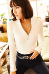 Zippered Turtleneck Stretch Blouse