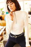Zippered Turtleneck Stretch Blouse