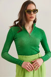Zippered Turtleneck Stretch Blouse