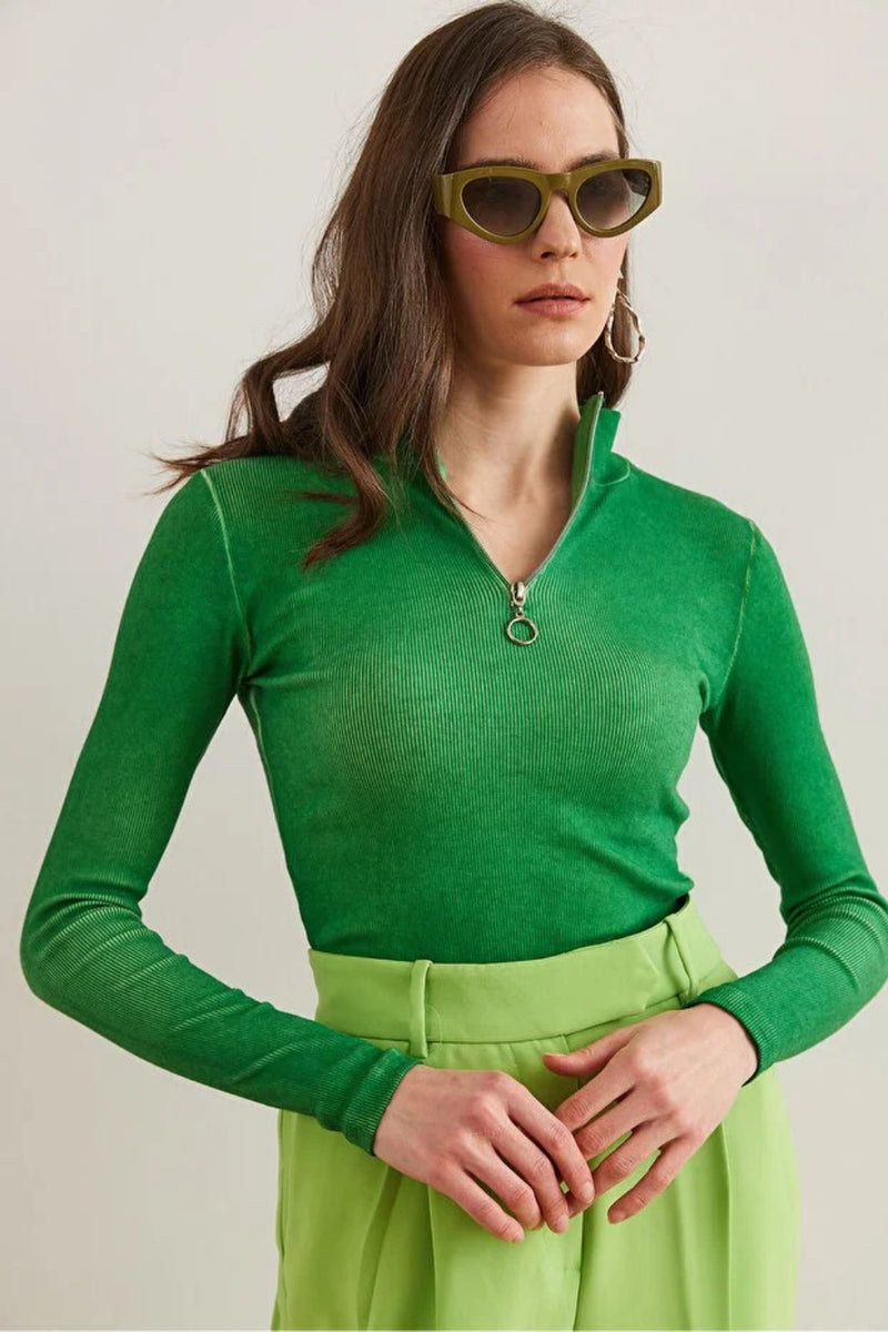 Zippered Turtleneck Stretch Blouse