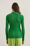 Zippered Turtleneck Stretch Blouse