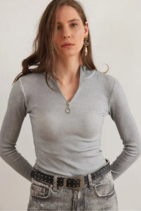 Zippered Turtleneck Stretch Blouse