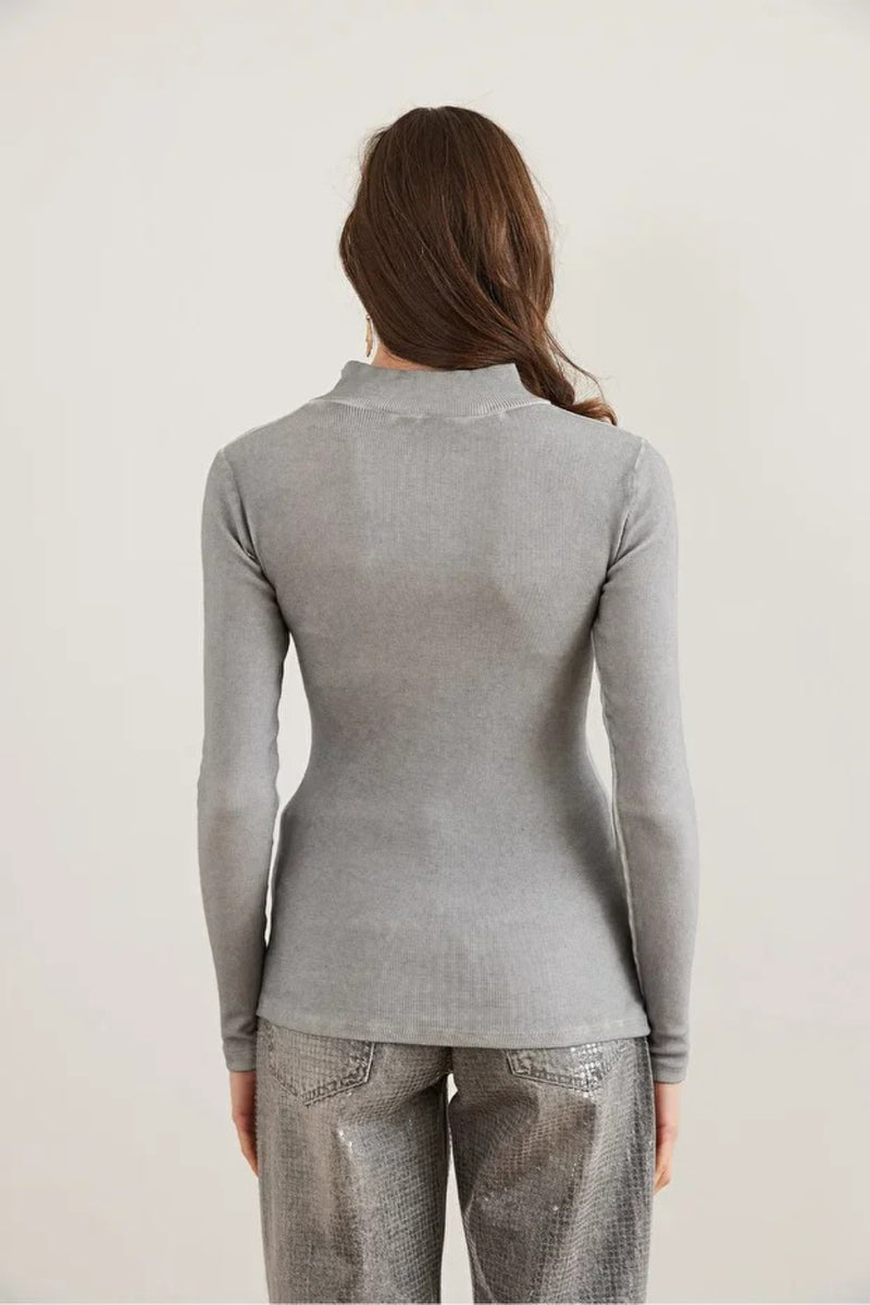 Zippered Turtleneck Stretch Blouse