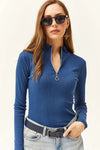 Zippered Turtleneck Stretch Blouse