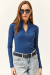 Zippered Turtleneck Stretch Blouse