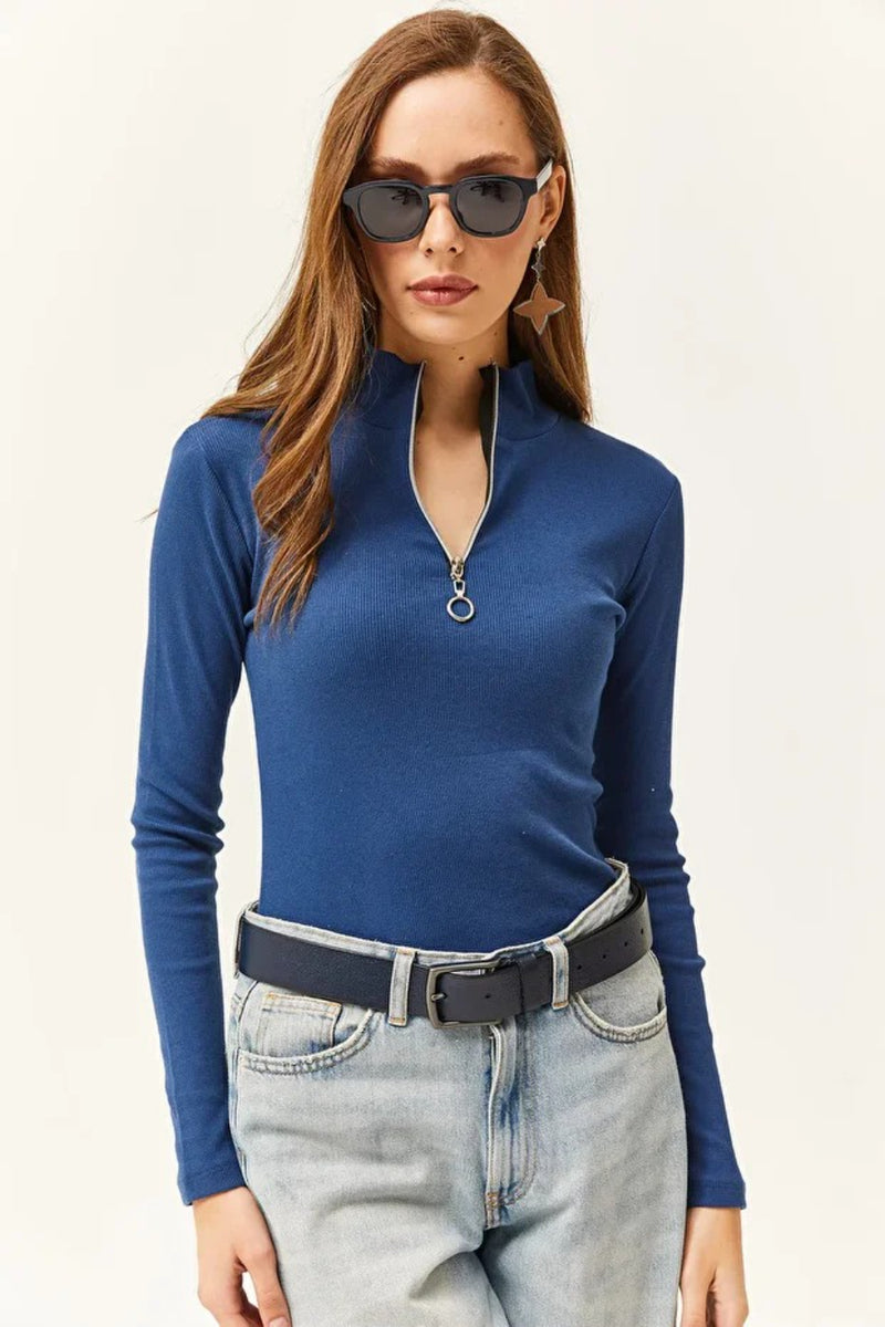 Zippered Turtleneck Stretch Blouse