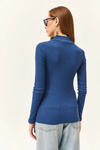 Zippered Turtleneck Stretch Blouse