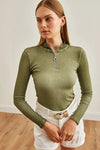 Zippered Turtleneck Stretch Blouse