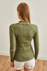 Zippered Turtleneck Stretch Blouse