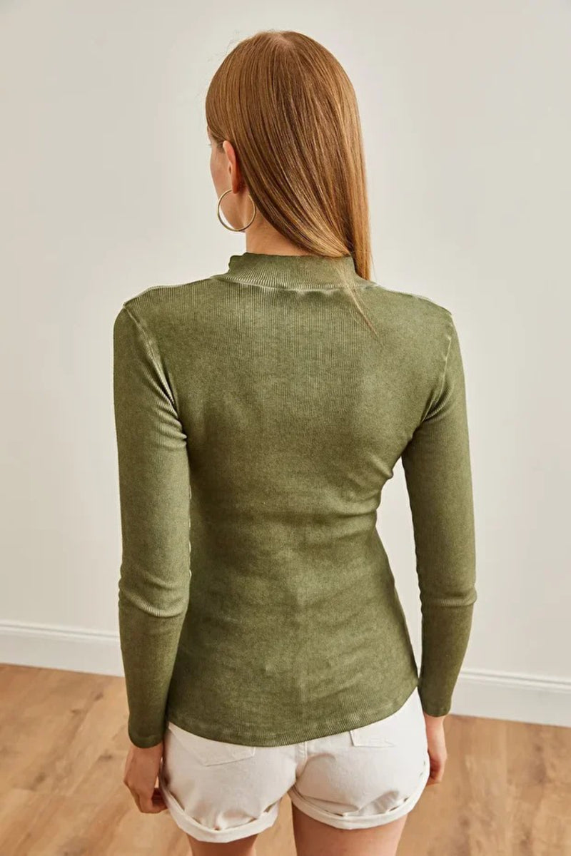 Zippered Turtleneck Stretch Blouse