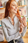 Zippered Turtleneck Stretch Blouse