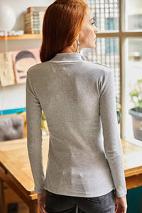 Zippered Turtleneck Stretch Blouse