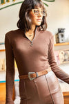 Zippered Turtleneck Stretch Blouse