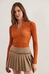 Zippered Turtleneck Stretch Blouse